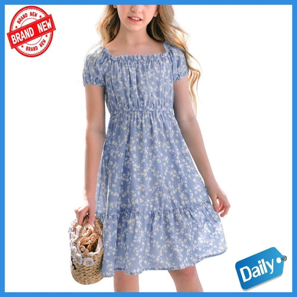 Girls Summer Floral Square Neck Puff Sleeve A-Line Midi Dress